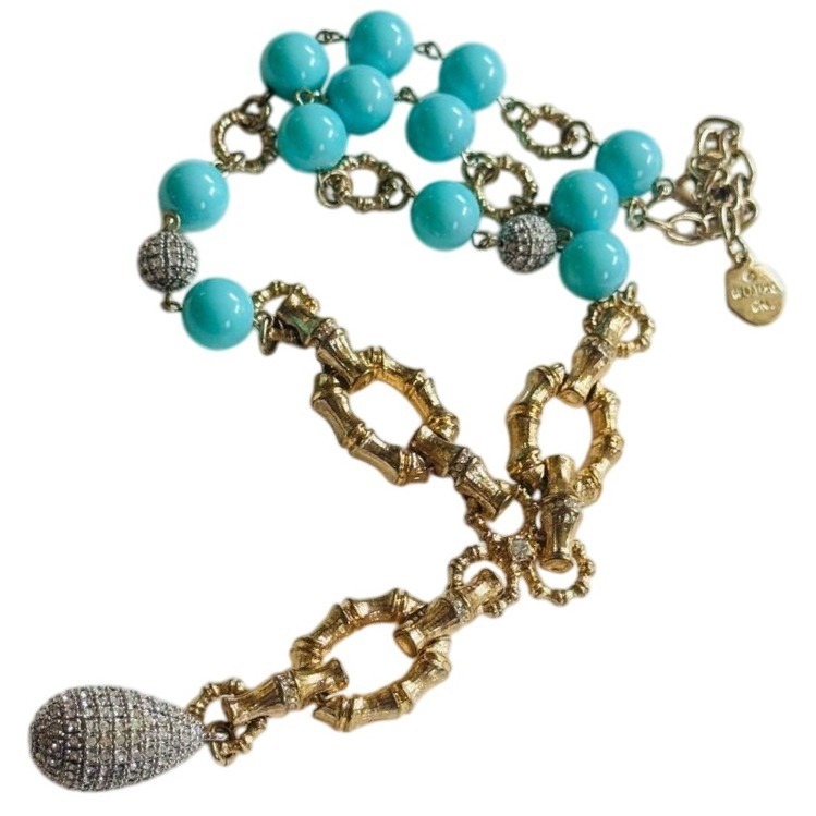 Graziano Y-Drop Necklace Blue Glass Gold Plated Bamboo Regal Jeweled Crystal 22